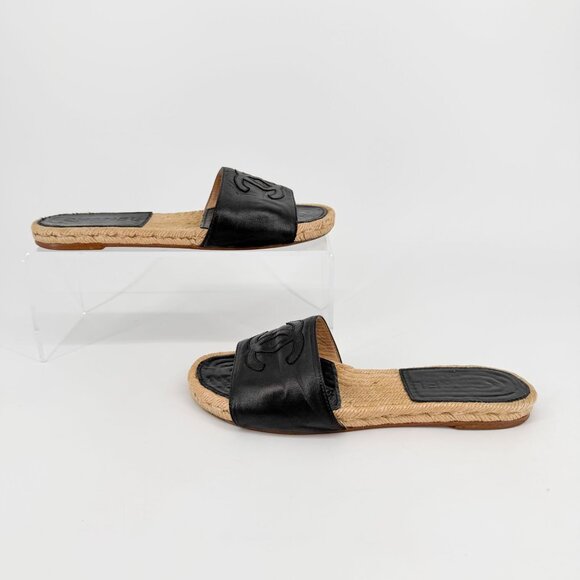 Chanel CC Flat Espadrille Mule Slide Sandals Black Leather Size 38 US 7-7.5 - Picture 8 of 15